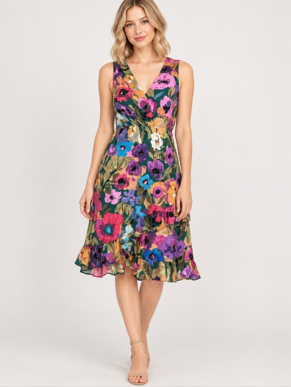 Anthropology Plenty by Ellen Tracy XS Colorful Floral V-Neck Wrap-Look Dress